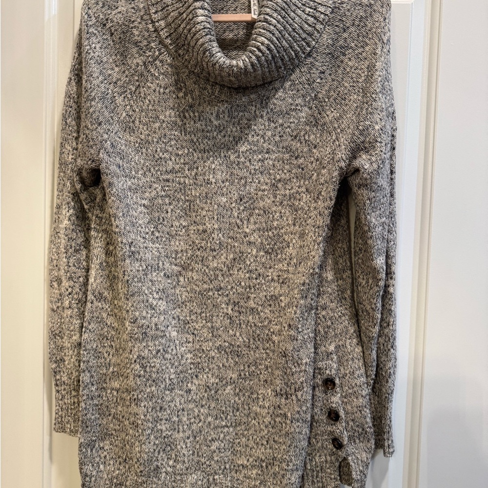 Leo & Nicole Gray Marled Cowl Neck Sweater with Side Button Detail
